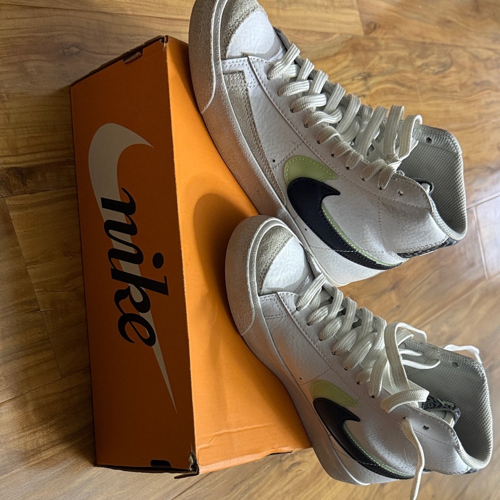 Nike White and Black High-Tops with Green Swoosh